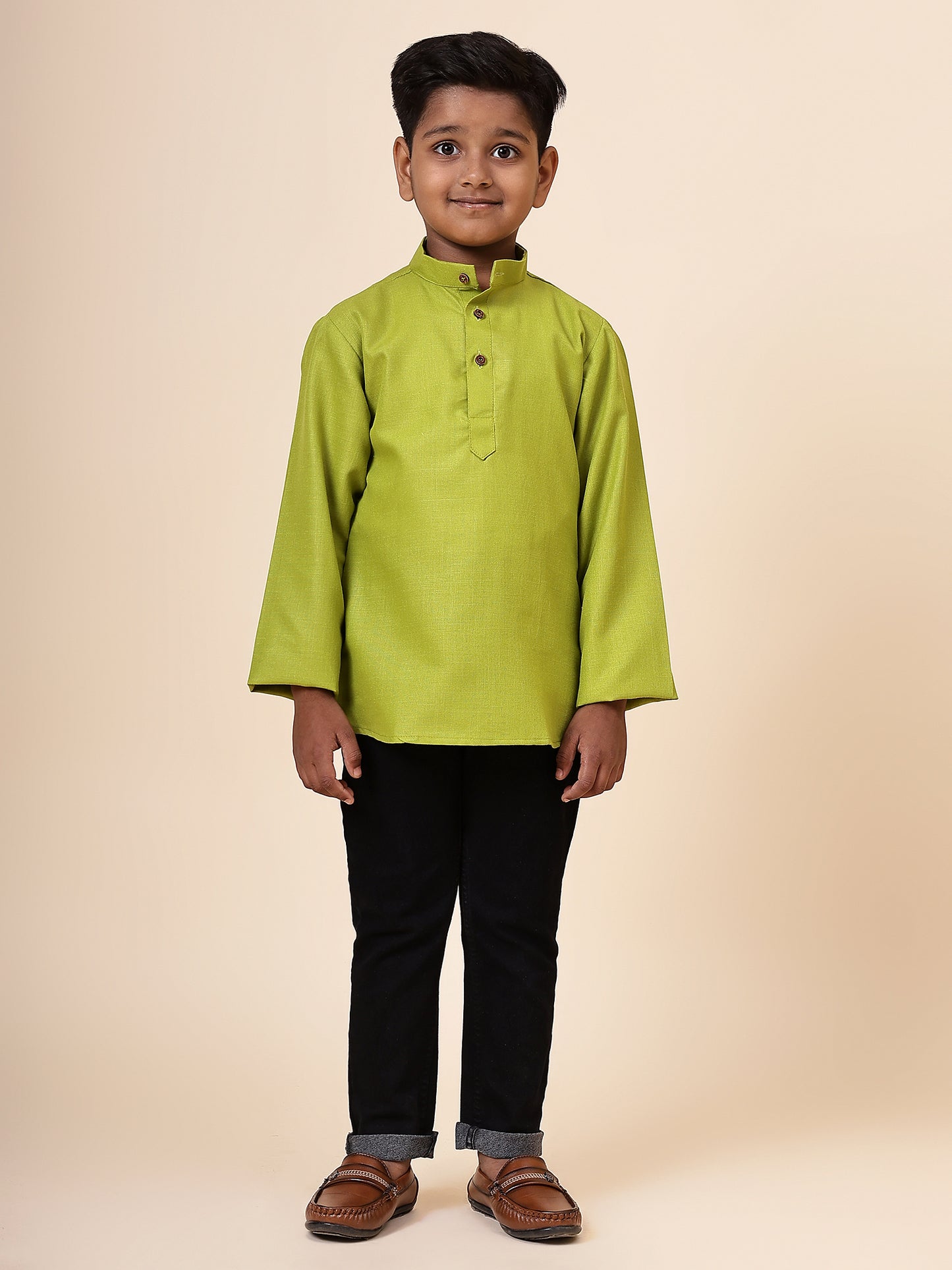 Karnam Junior - Boys Olive Green Cotton Short Kurta