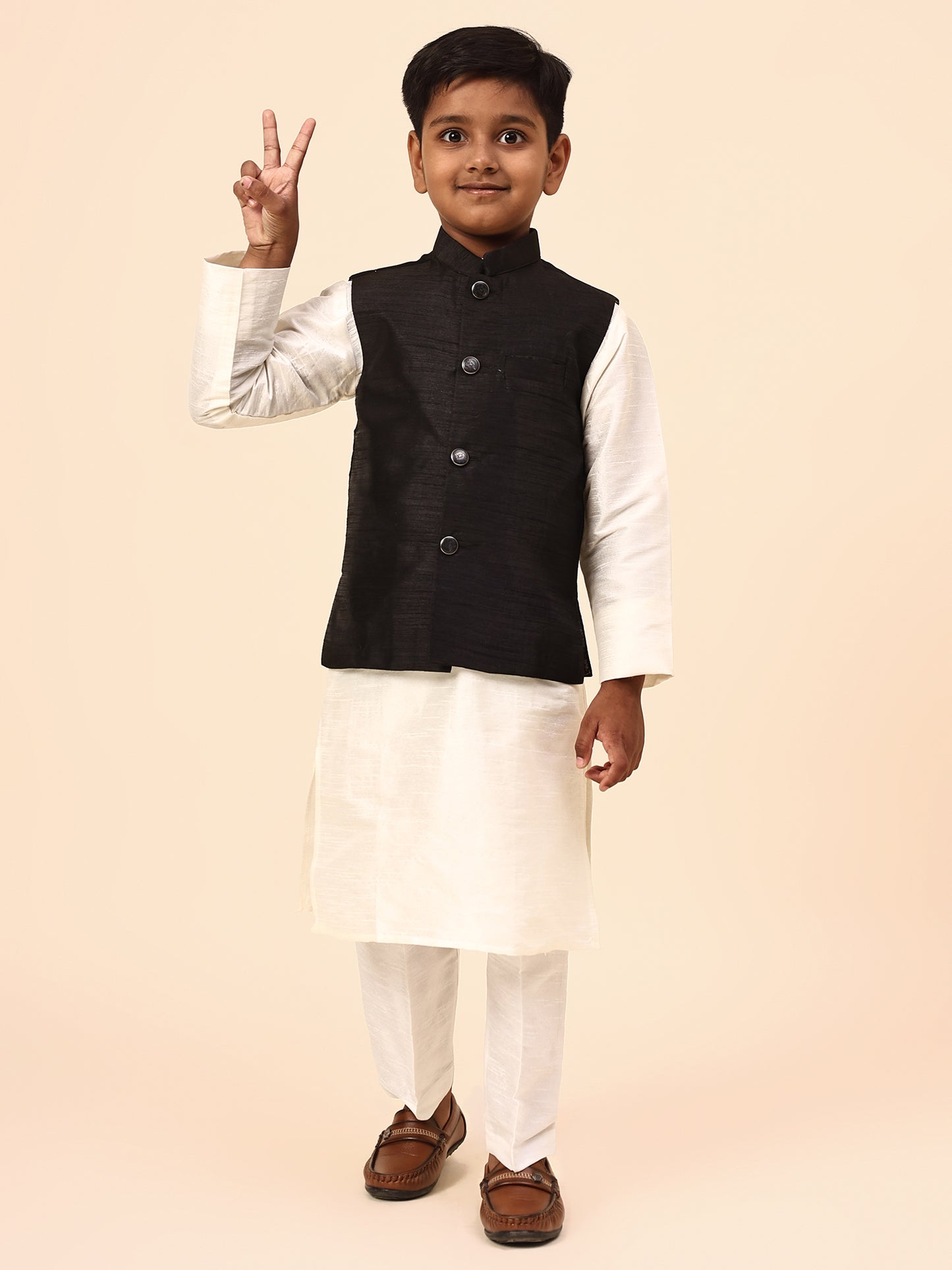 Karnam Junior - Boys Black Silk Jacket Set