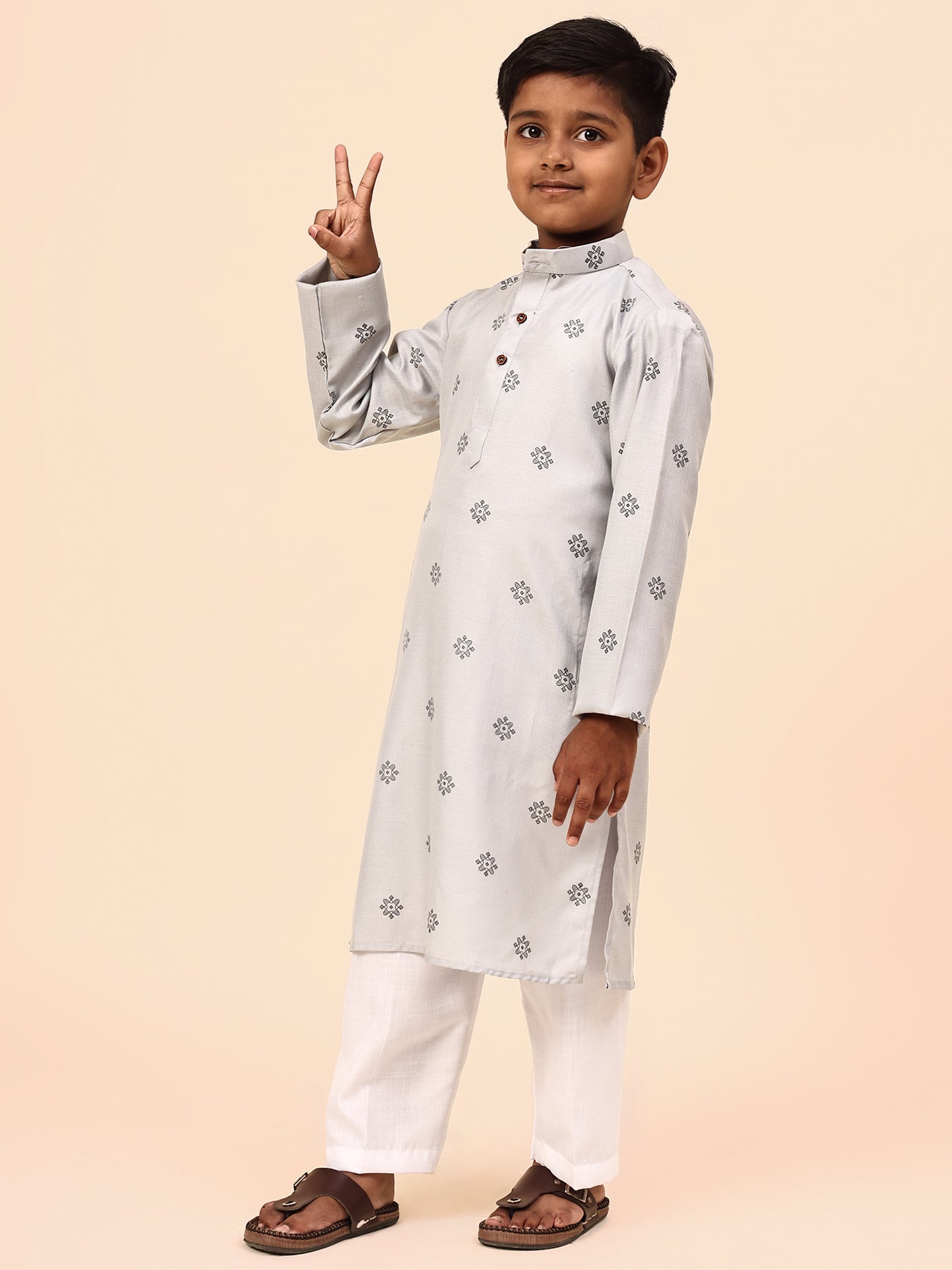 Karnam Junior - Boys Gey Printed Cotton Long Kurta Top