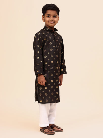 Karnam Junior - Boys' Black Kurta with Golden Print and White Pajama Set