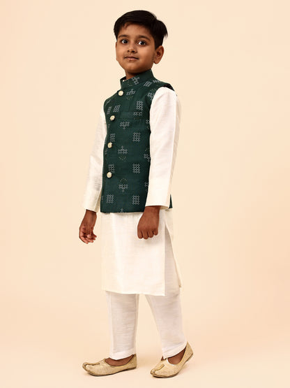 Karnam Junior - Boys Bottle Green Square Printed Jacket Set