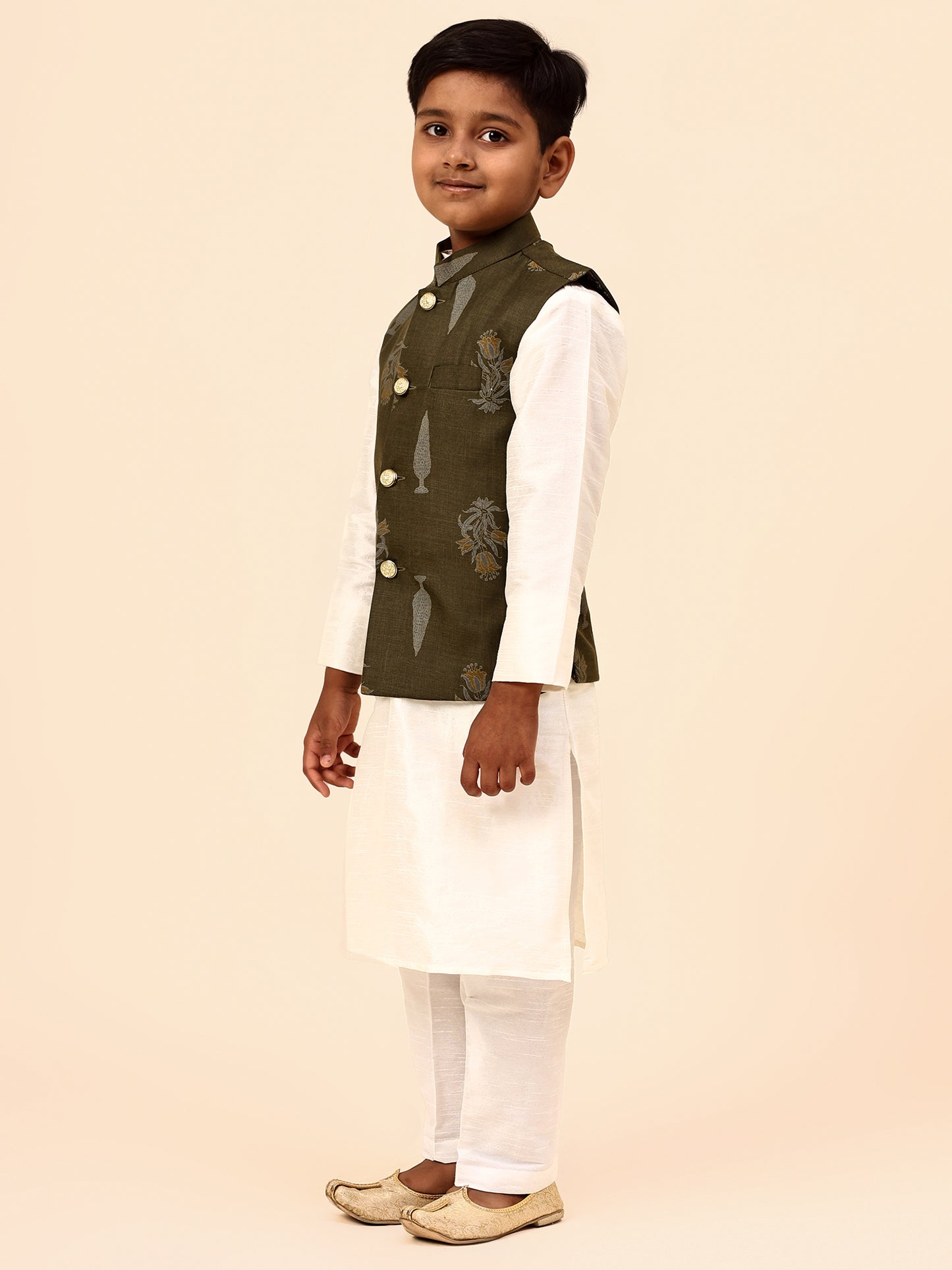 Karnam Junior - Boys Olive Green Foliage Printed Jacket Set