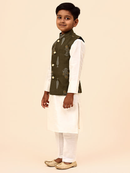 Karnam Junior - Boys Olive Green Foliage Printed Jacket Set