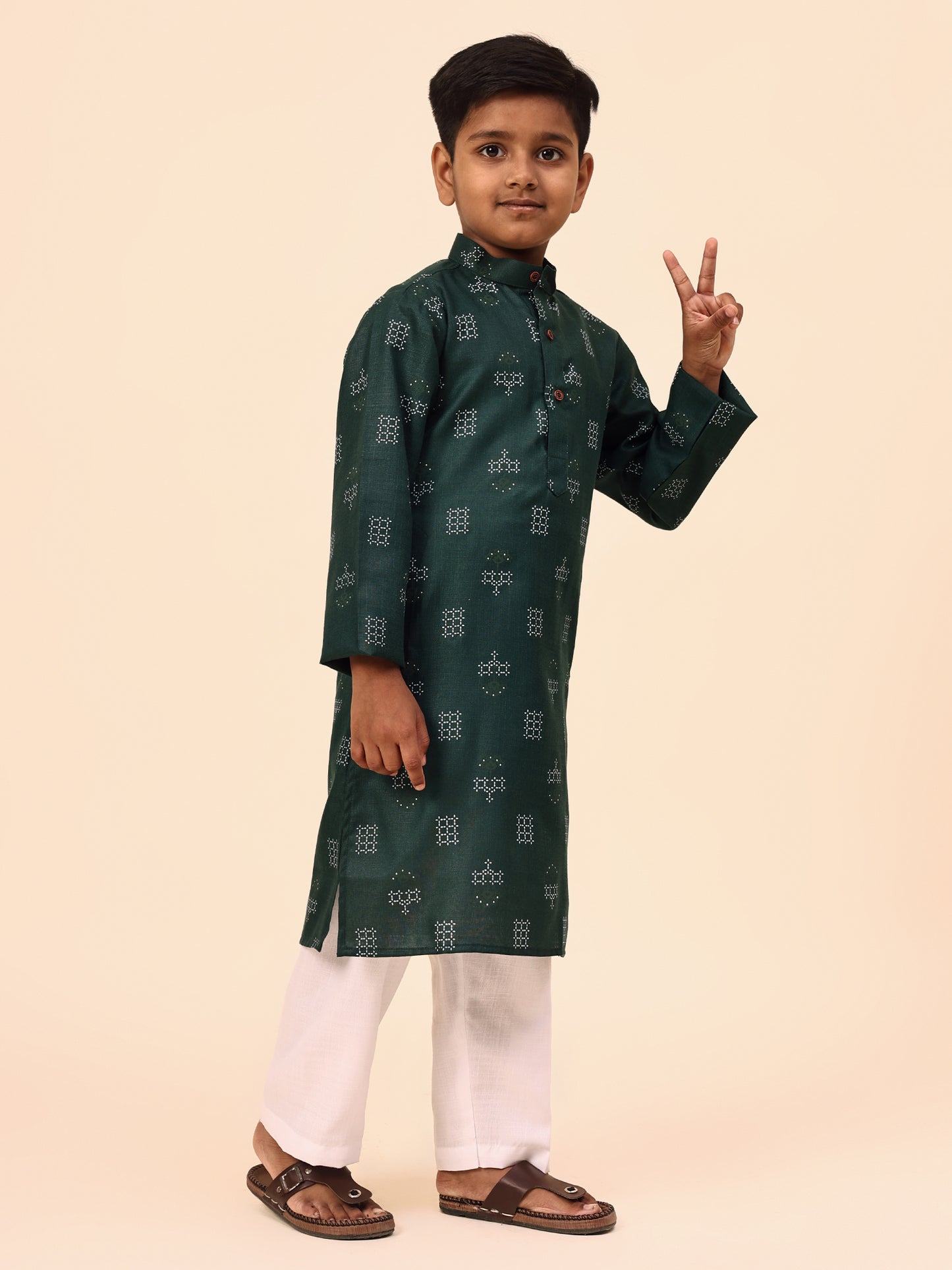 Karnam Junior - Boys Bottle Green Printed Cotton Long Kurta Top