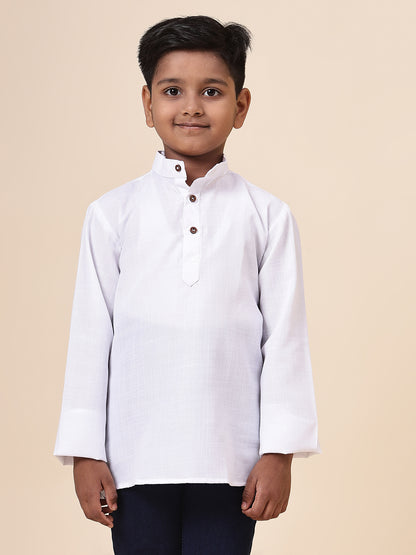 Karnam Junior - Boys White Cotton Short Kurta