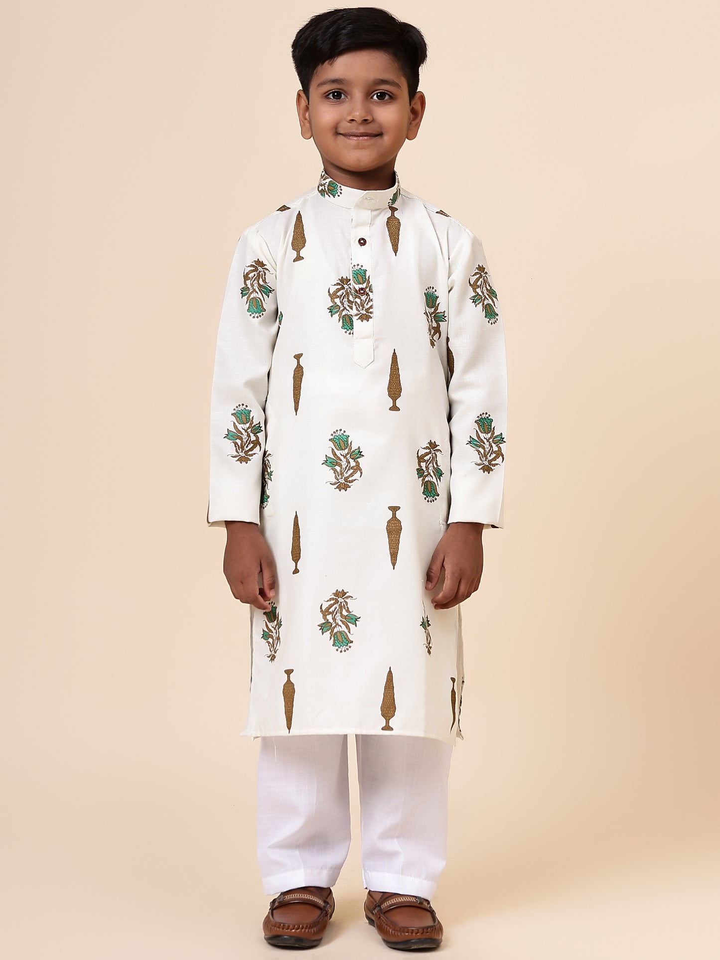 Karnam Junior - Boys Cream Foliage Printed Cotton Long Kurta Top