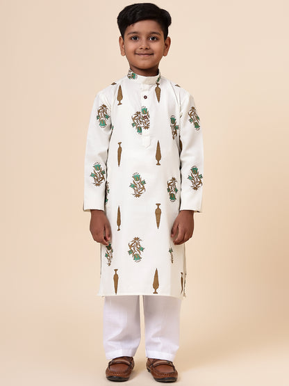 Karnam Junior - Boys Cream Foliage Printed Cotton Long Kurta Top