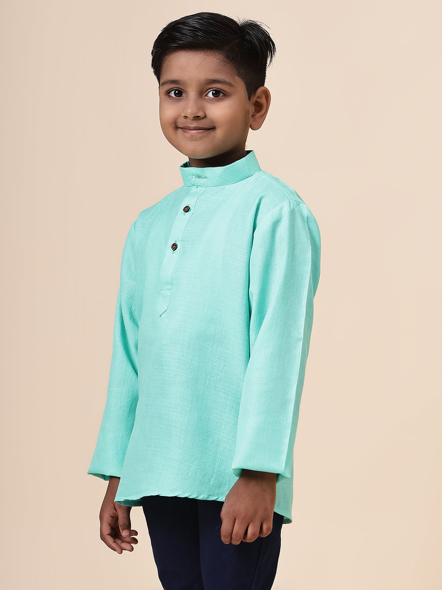 Karnam Junior - Boys Bright Turquoise Cotton Short Kurta