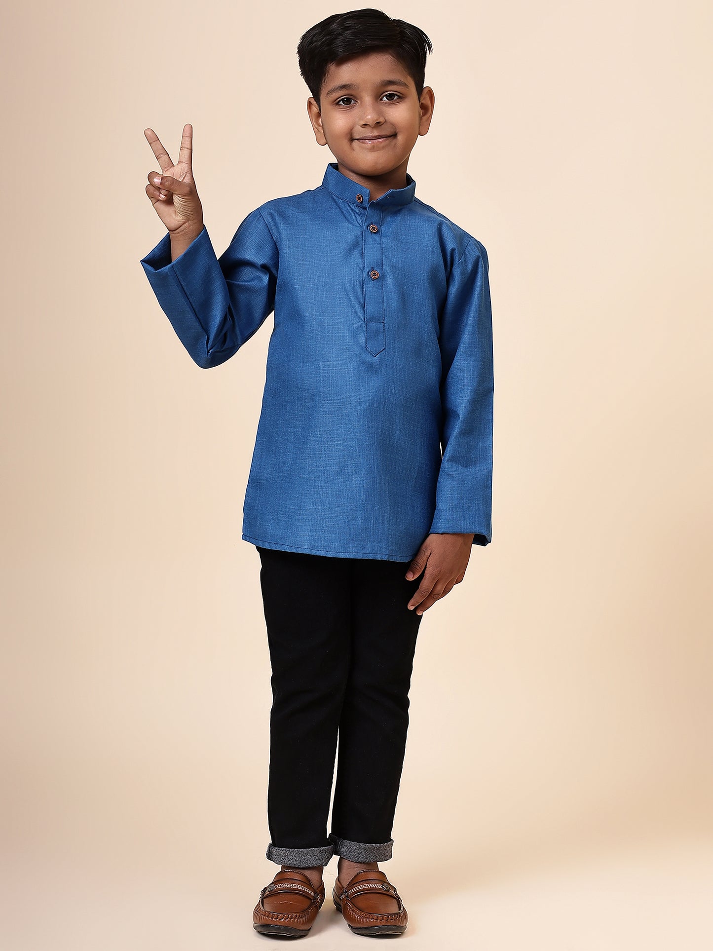 Karnam Junior - Boys Rama Green Cotton Short Kurta