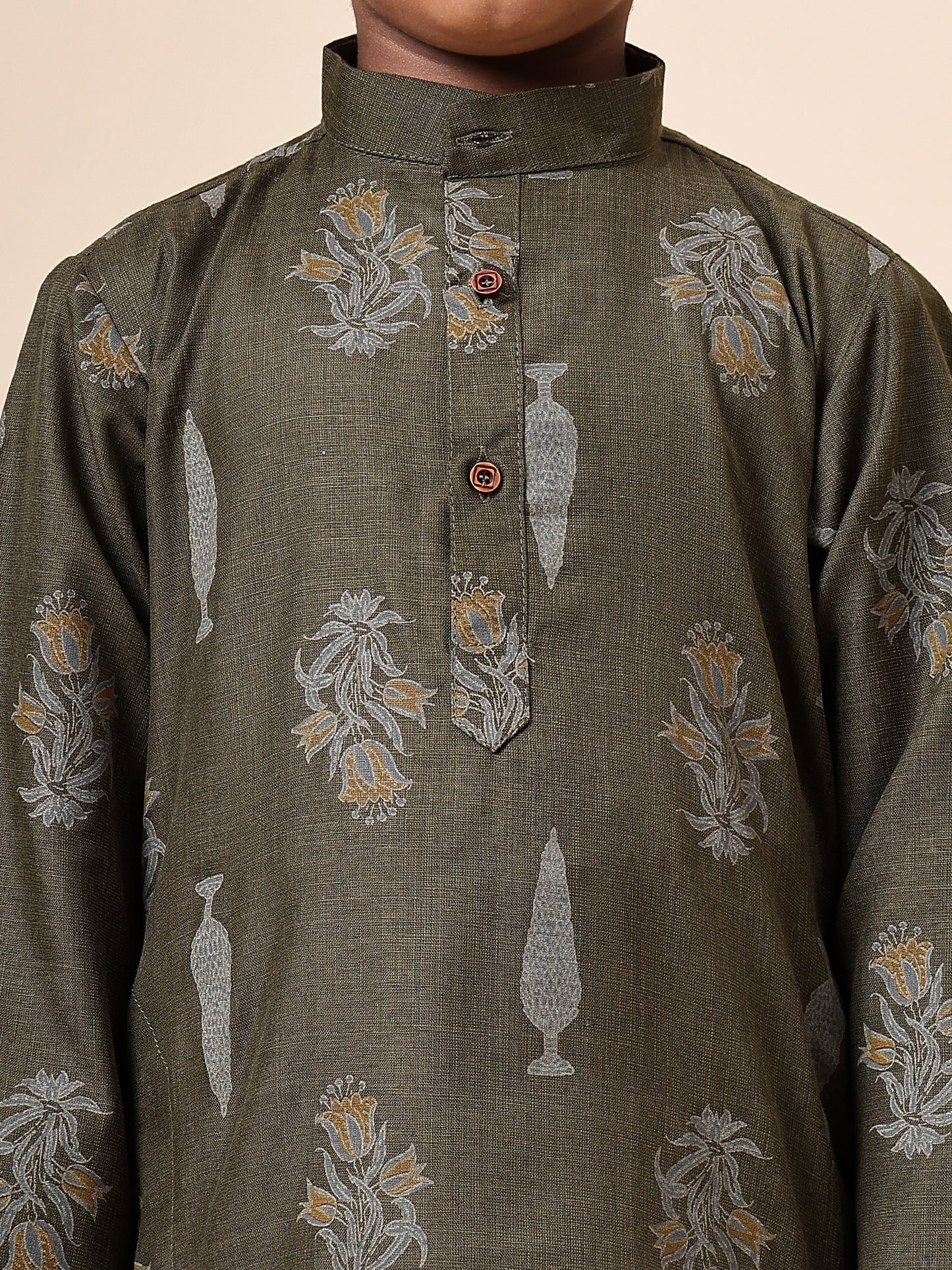 Karnam Junior - Boys Olive Green Foliage Printed Cotton Long Kurta Top