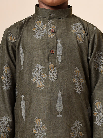 Karnam Junior - Boys Olive Green Foliage Printed Cotton Long Kurta Top