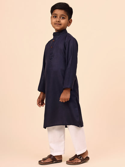 Karnam Junior - Boys Navy Blue Cotton Kurta Set