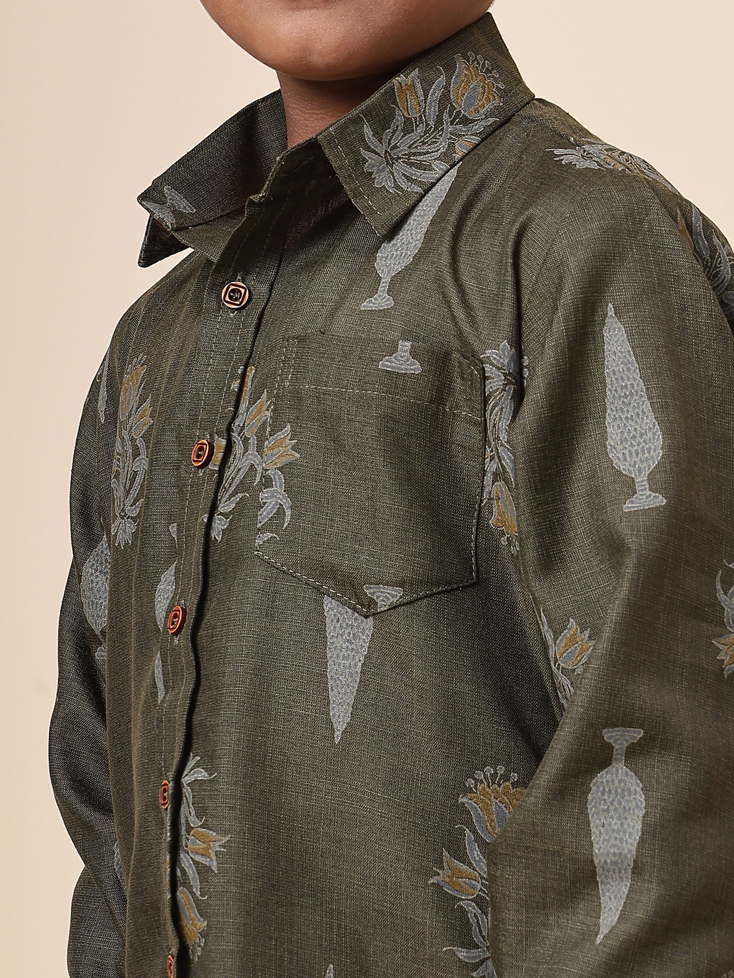 Karnam Junior - Boys Olive Green Foliage Printed Cotton Shirt