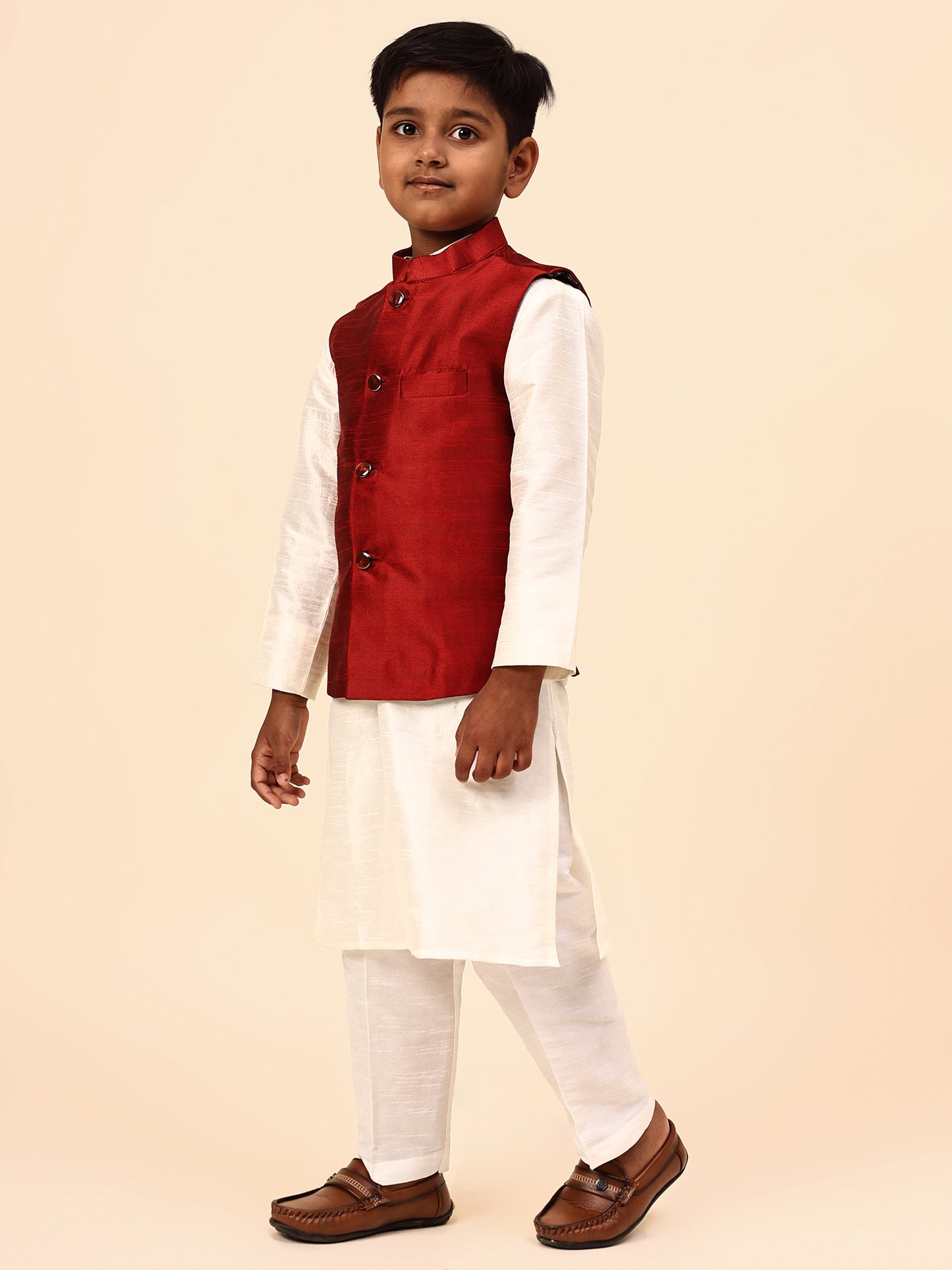 Karnam Junior - Boys Maroon Silk Jacket Set