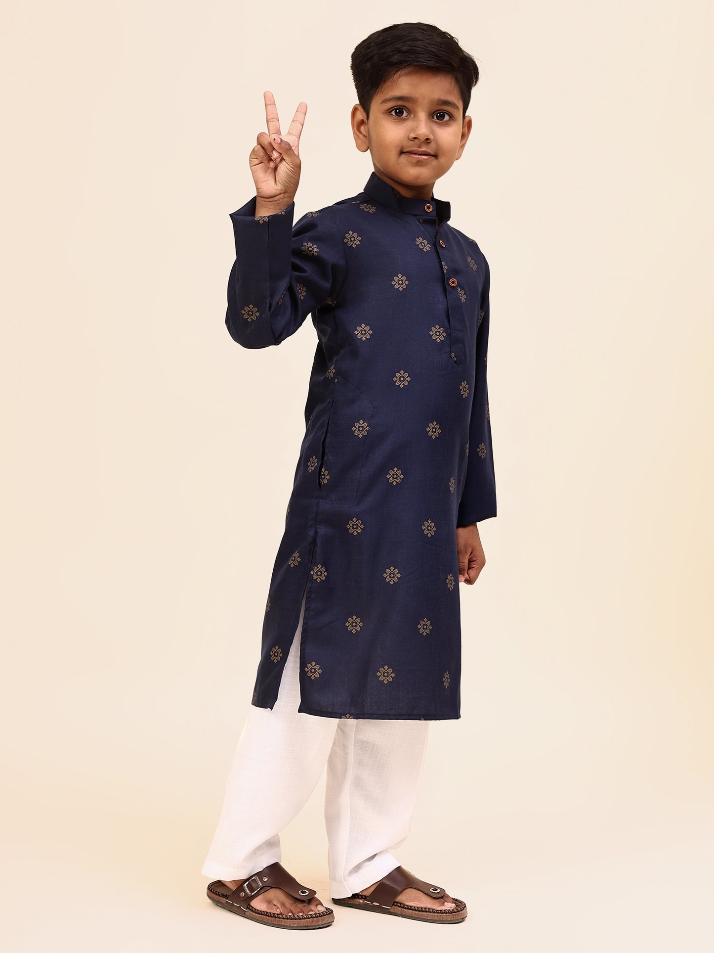 Karnam Junior - Boys Blue and Gold Printed Cotton Long Kurta Top