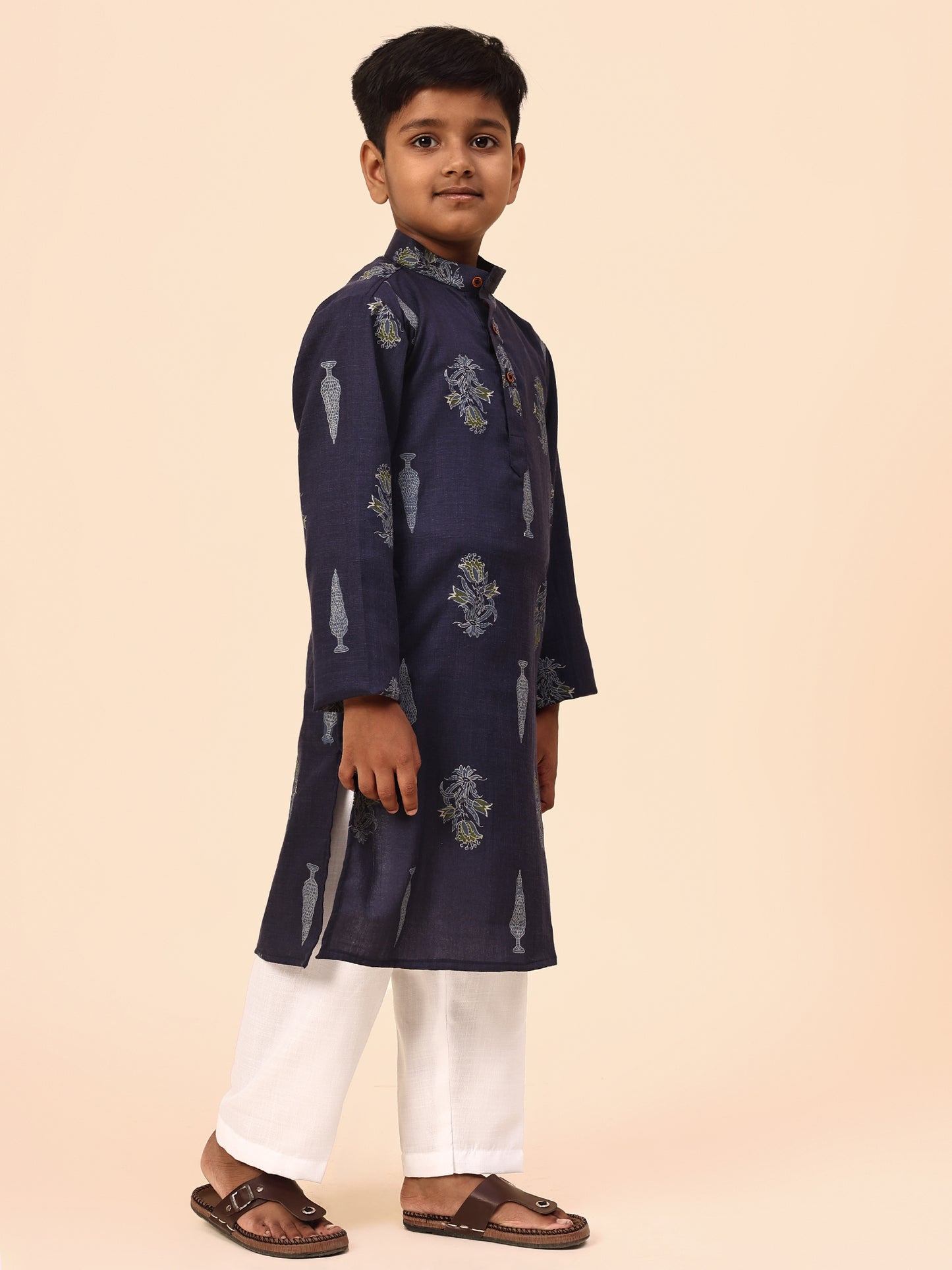Karnam Junior - Boys Navy Blue Foliage Printed Cotton Long Kurta Top