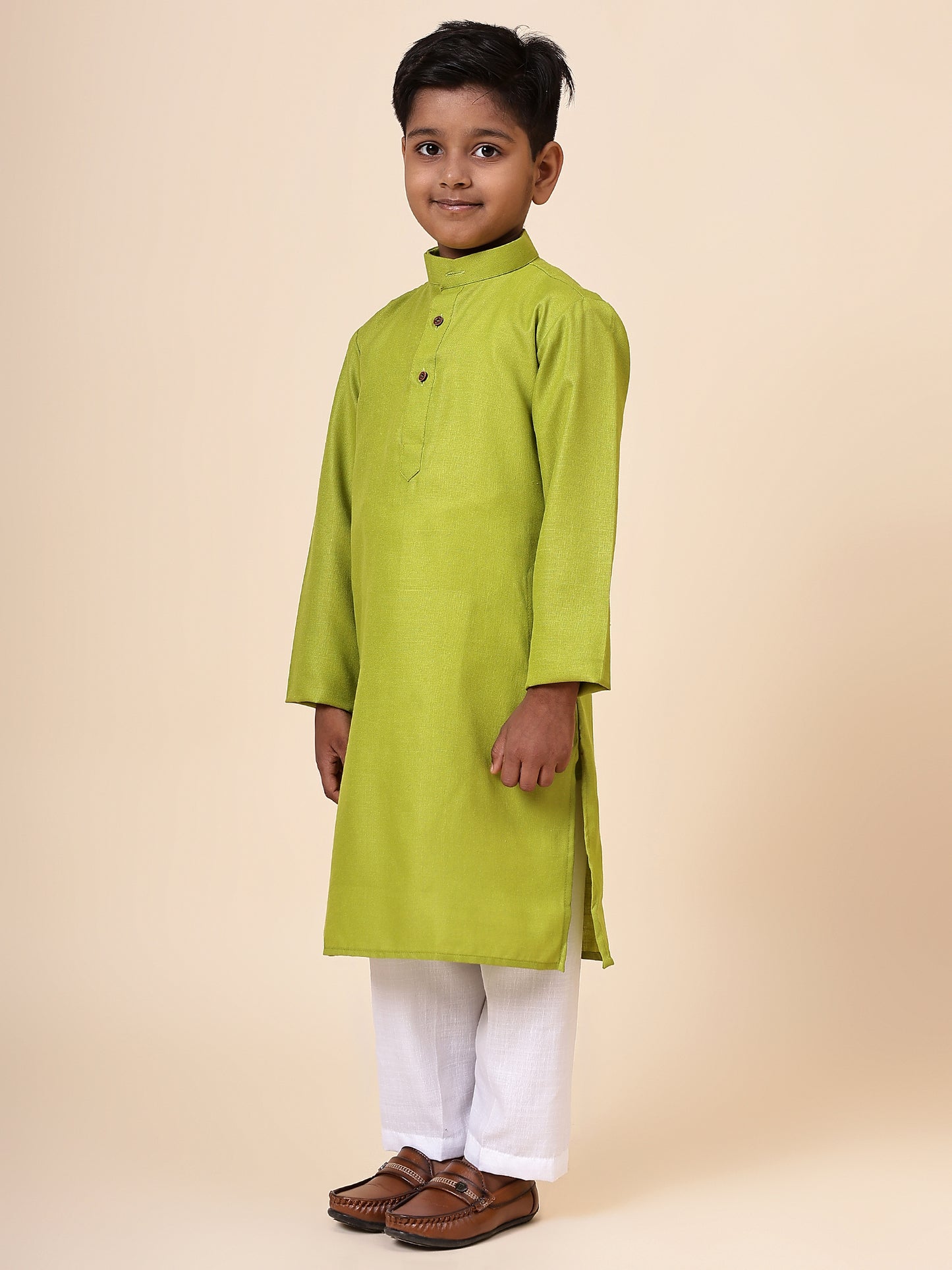 Karnam Junior - Boys Olive Green Cotton Kurta Set