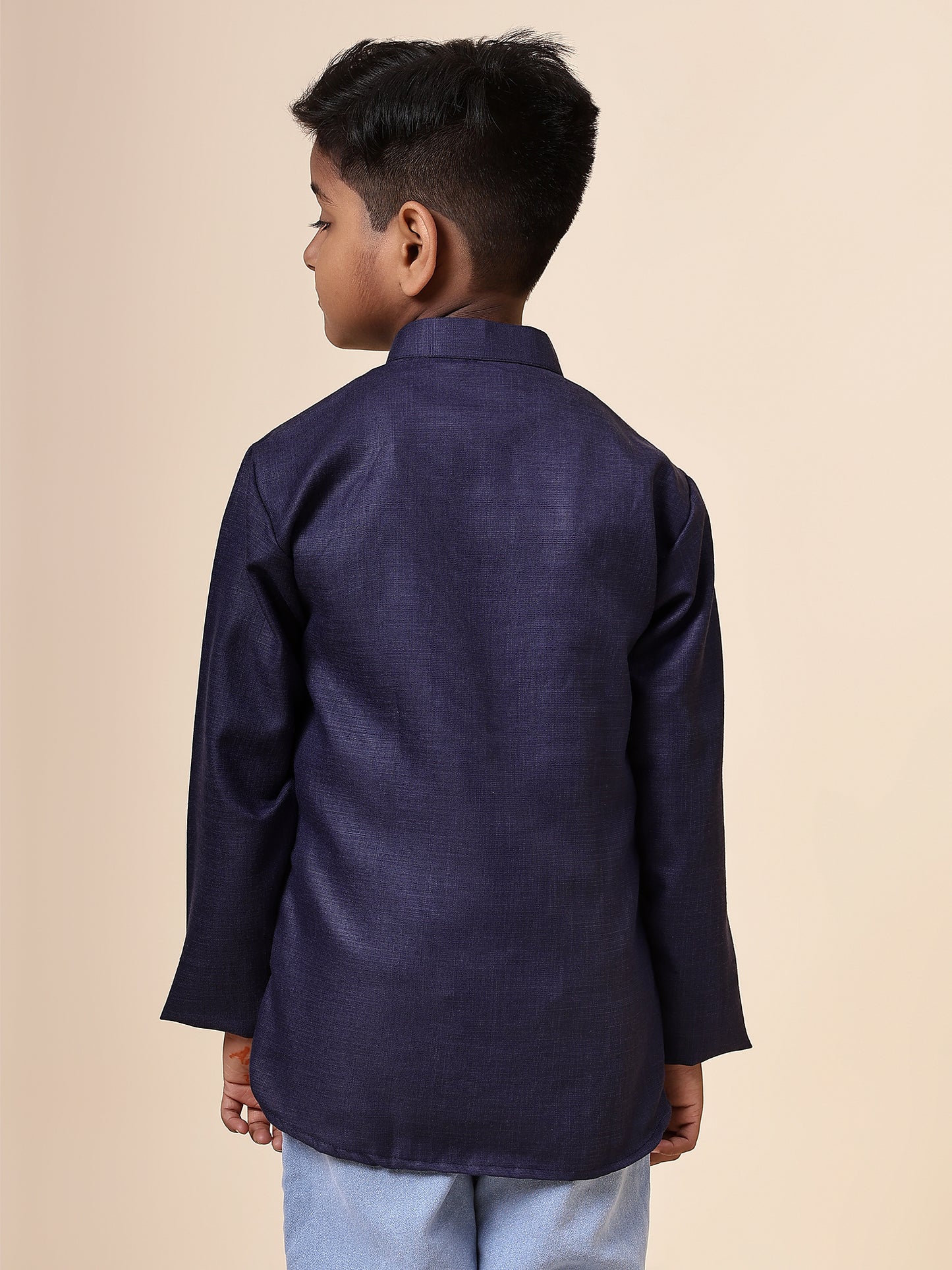 Karnam Junior - Boys Navy Blue Cotton Short Kurta