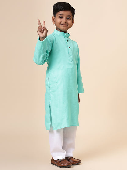 Karnam Junior - Boys Turquoise Blue Cotton Kurta Set