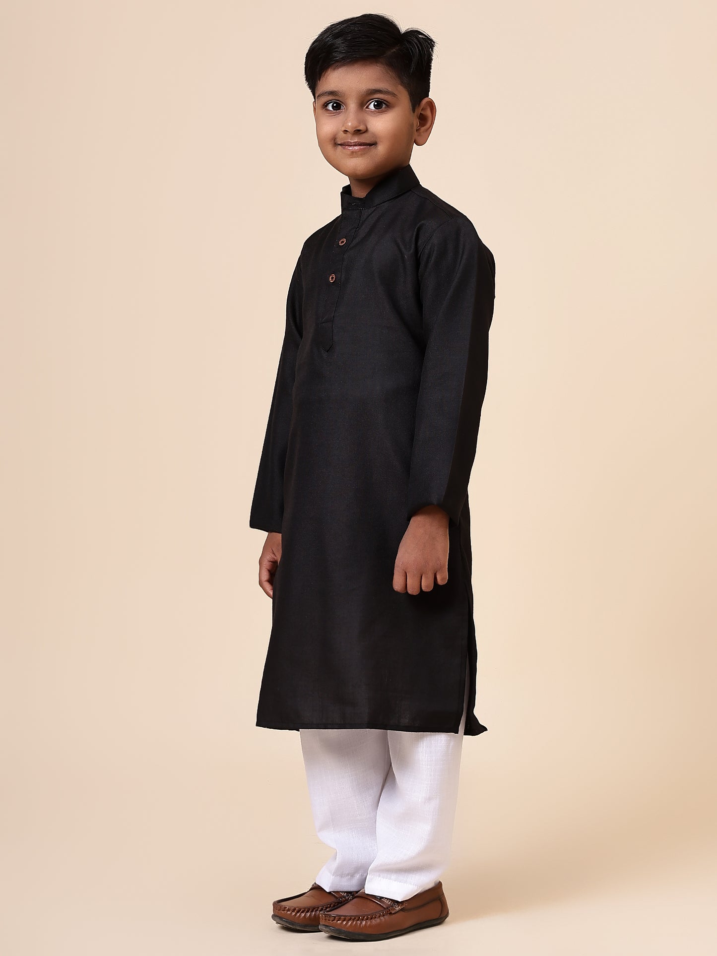 Karnam Junior - Boys Black Cotton Kurta Set