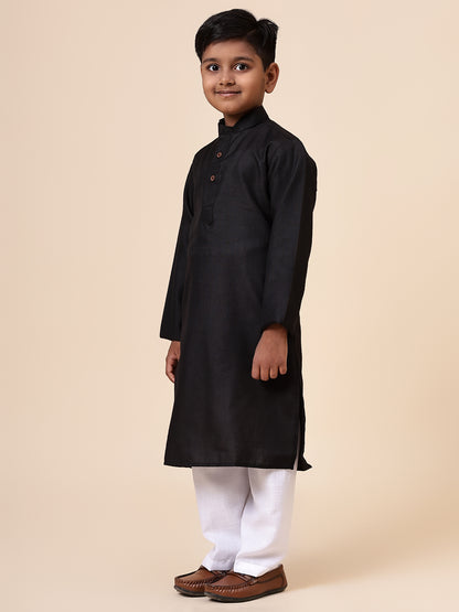 Karnam Junior - Boys Black Cotton Kurta Set