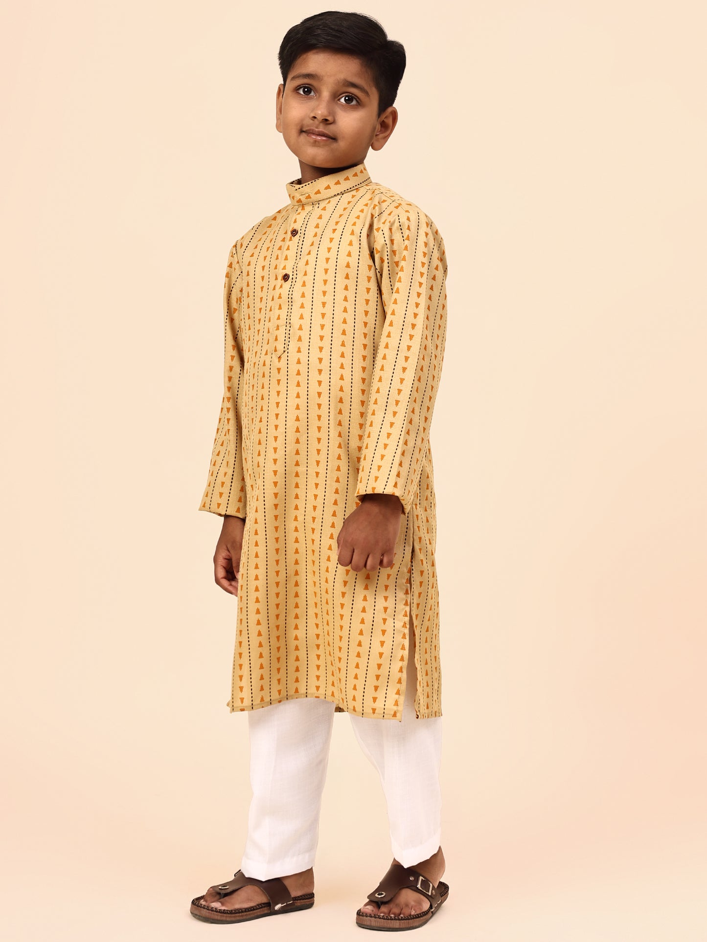Karnam Junior - Boys Yellow Printed Cotton Long Kurta Top