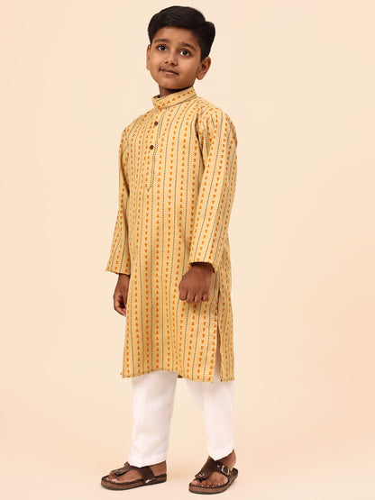 Karnam Junior - Boys Yellow Printed Cotton Long Kurta Top