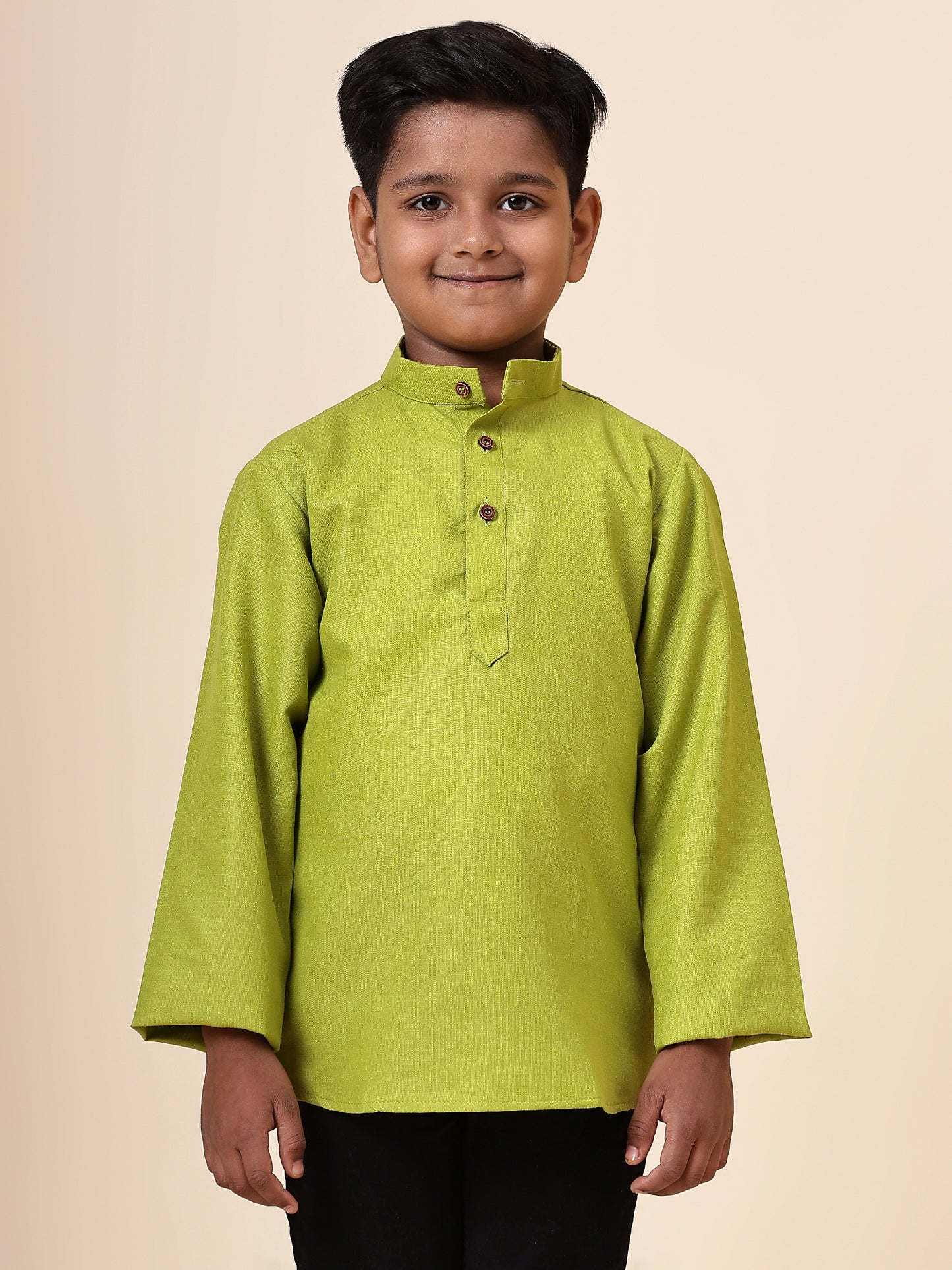 Karnam Junior - Boys Olive Green Cotton Short Kurta
