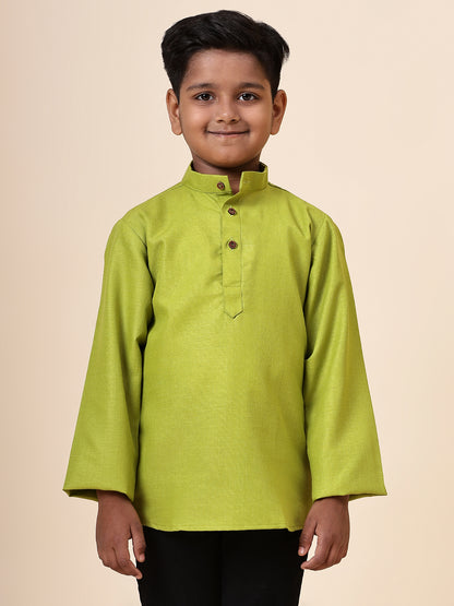 Karnam Junior - Boys Olive Green Cotton Short Kurta