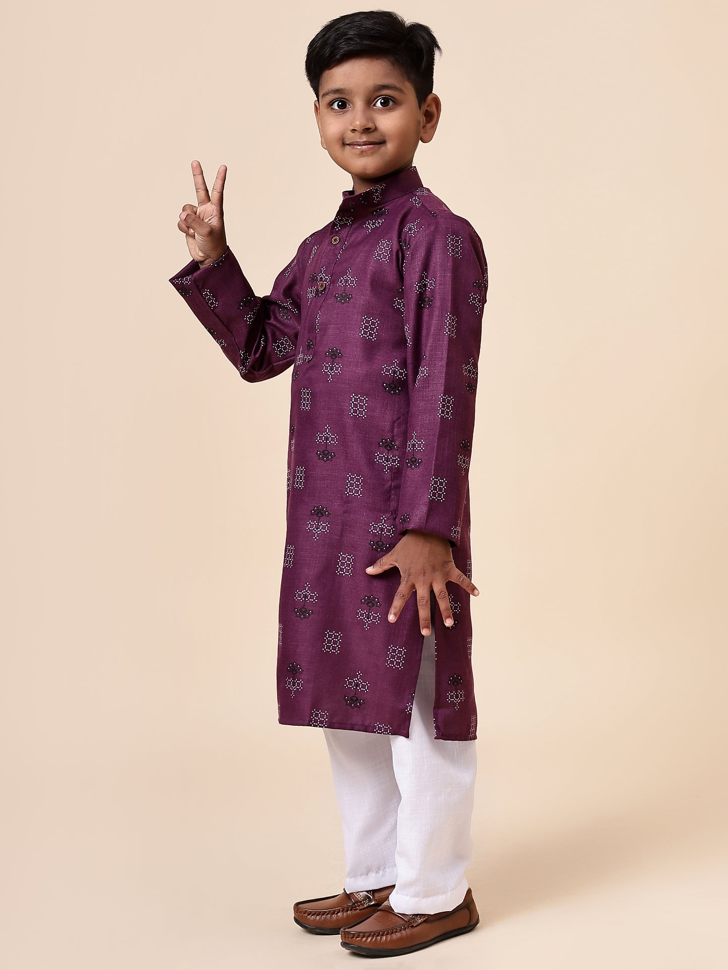 Karnam Junior - Boys Purple Square Printed Cotton Long Kurta Top