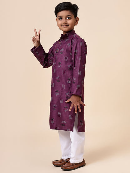 Karnam Junior - Boys Purple Square Printed Cotton Long Kurta Top