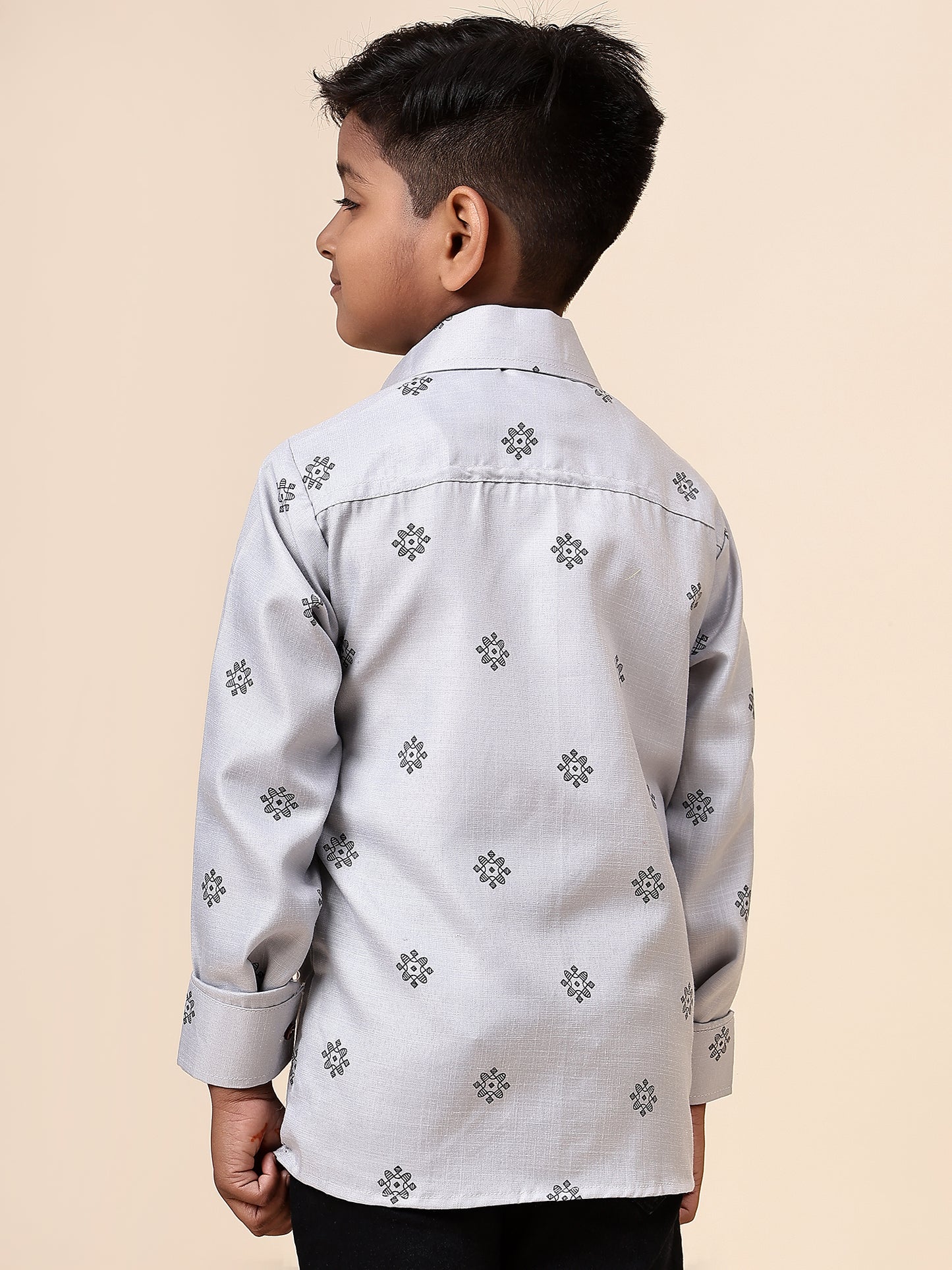 Karnam Junior - Boys Grey Printed Cotton Shirt