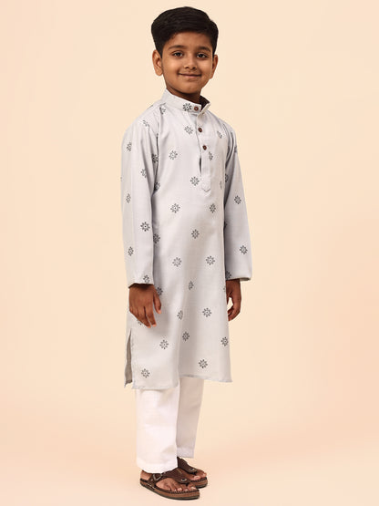 Karnam Junior - Boys Gey Printed Cotton Long Kurta Top