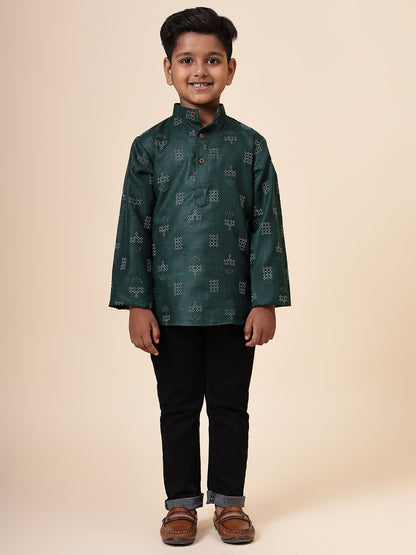 Karnam Junior - Boys Bottle Green Square Printed Cotton Short Kurta