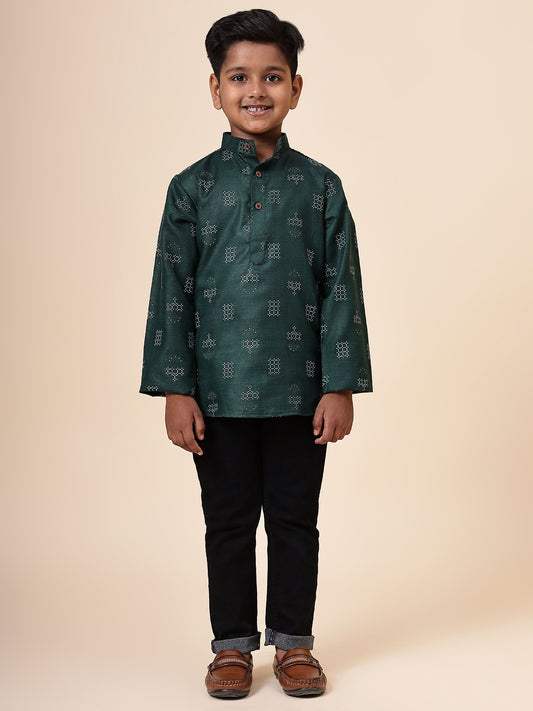 Karnam Junior - Boys Bottle Green Square Printed Cotton Short Kurta