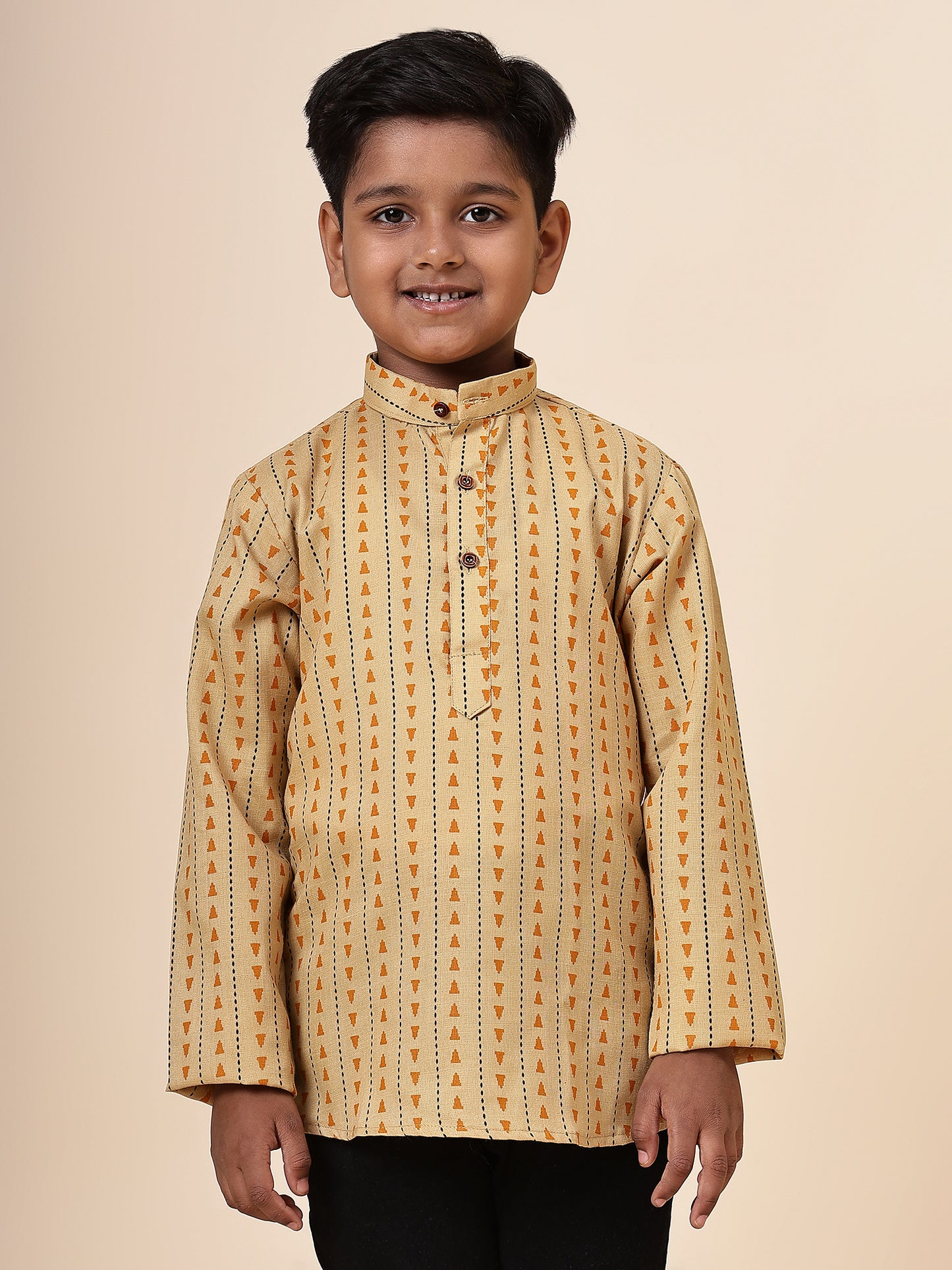 Karnam Junior - Boys Yellow Printed Cotton Short Kurta