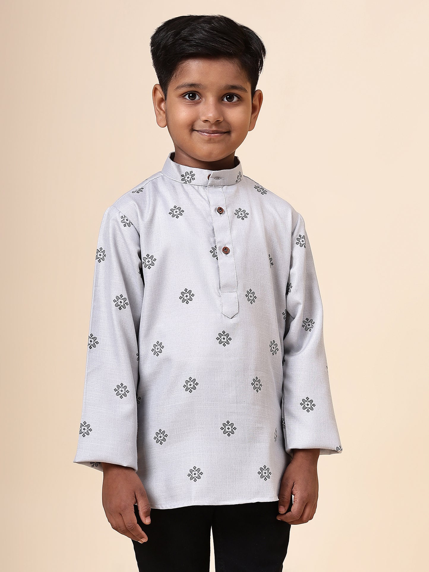 Karnam Junior - Boys Grey Printed Cotton Short Kurta