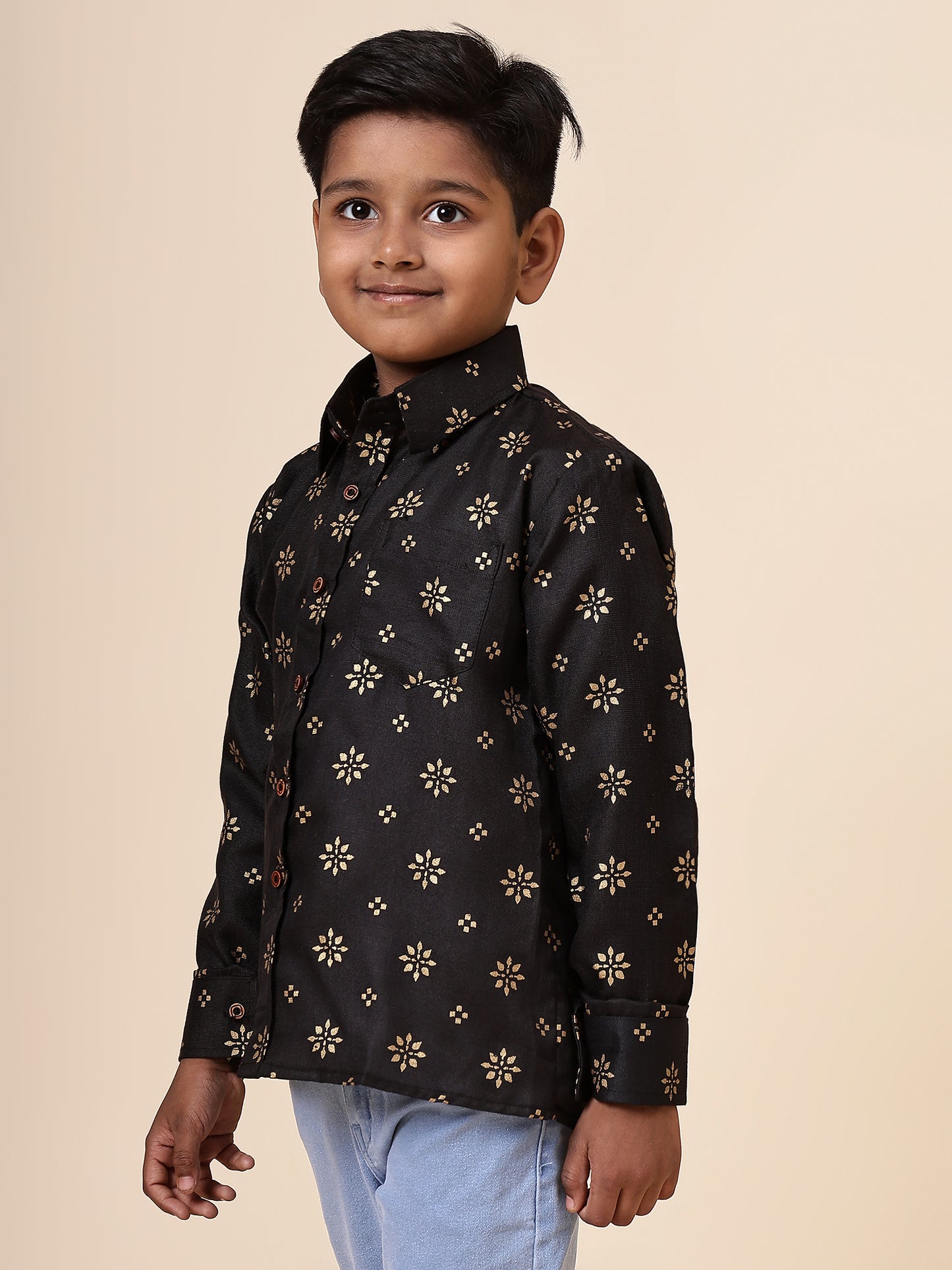 Karnam Junior - Boys Black and Gold Cotton Shirt