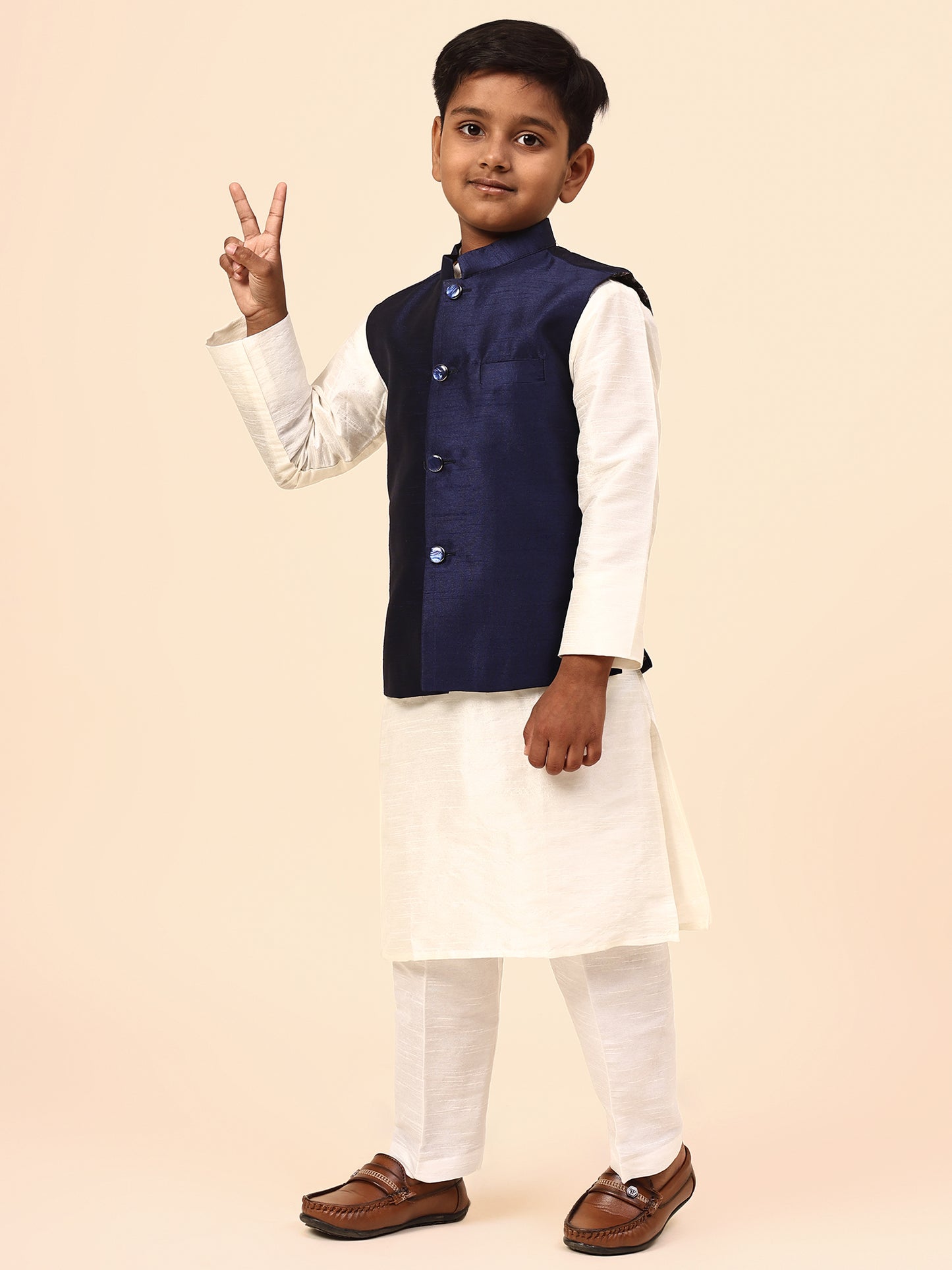 Karnam Junior - Boys Navy Blue Silk Jacket Set