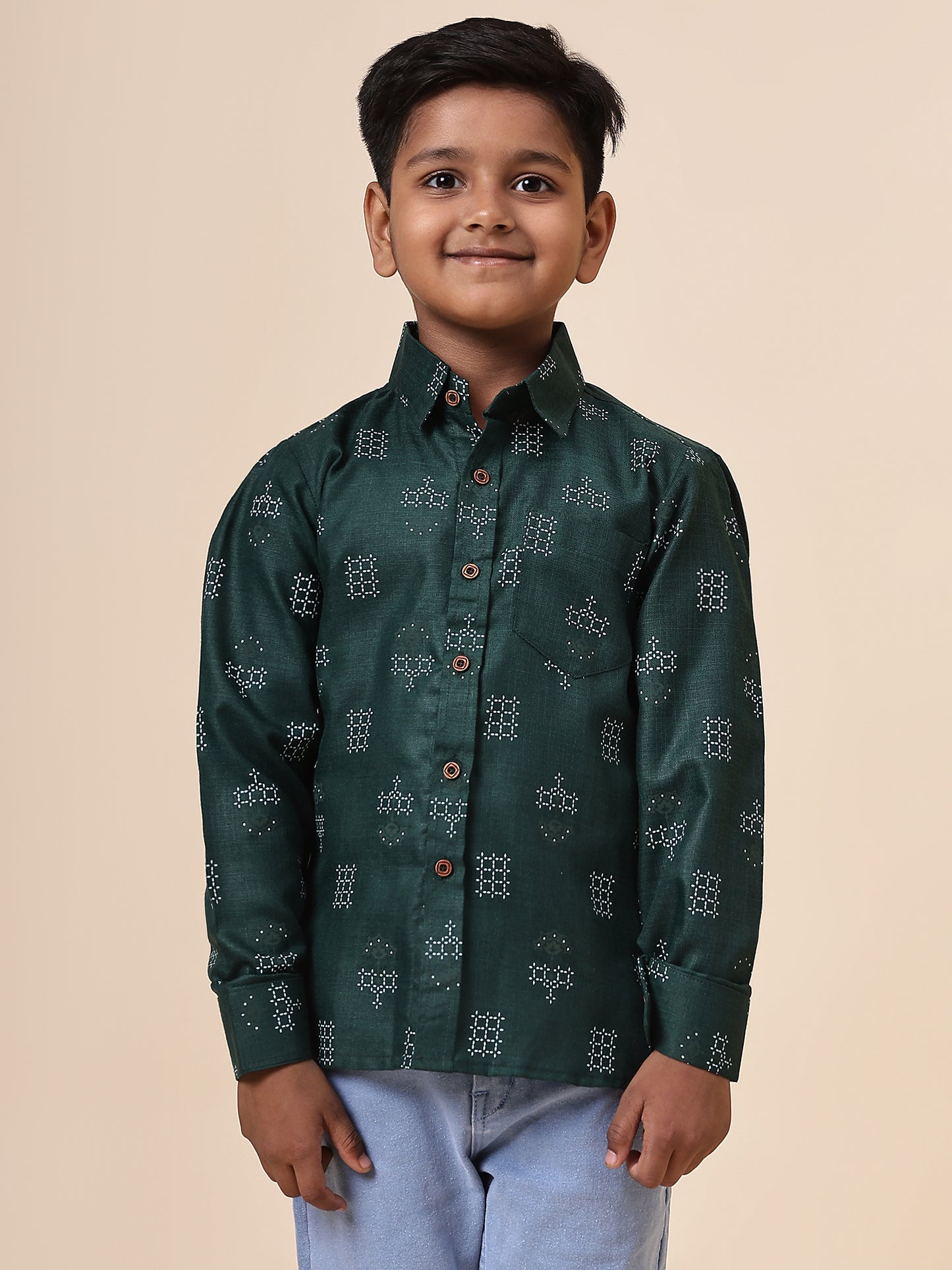 Karnam Junior - Boys Bottle Green Square Printed Cotton Shirt