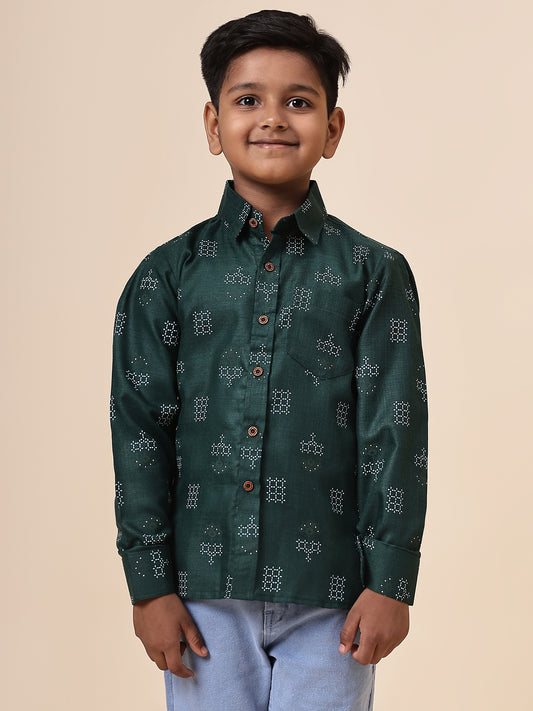 Karnam Junior - Boys Bottle Green Square Printed Cotton Shirt