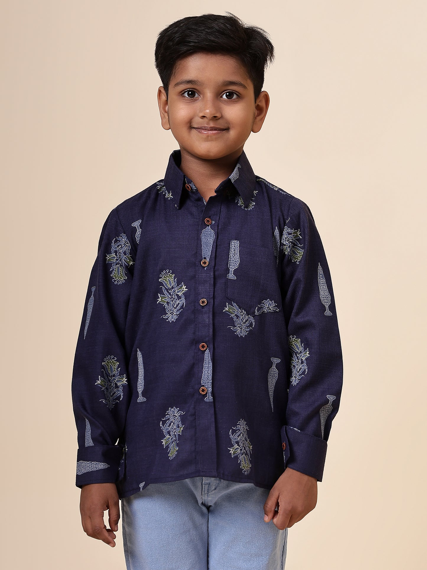 Karnam Junior - Boys Navy Blue Foliage Printed Cotton Shirt