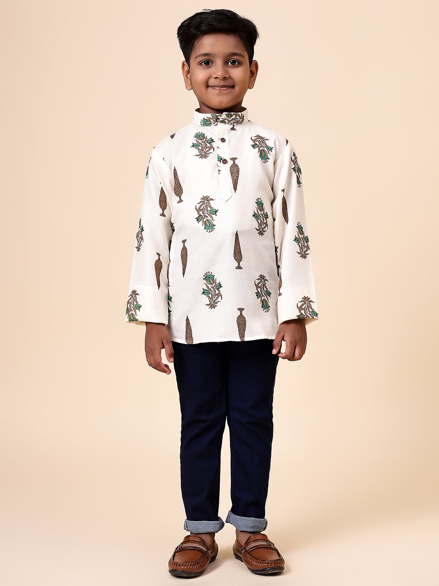 Karnam Junior - Boys Cream Foliage Cotton Short Kurta