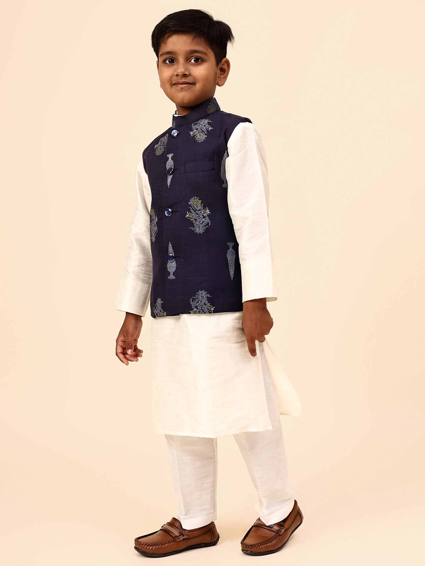 Karnam Junior - Boys Navy Blue Foliage Printed Jacket Set