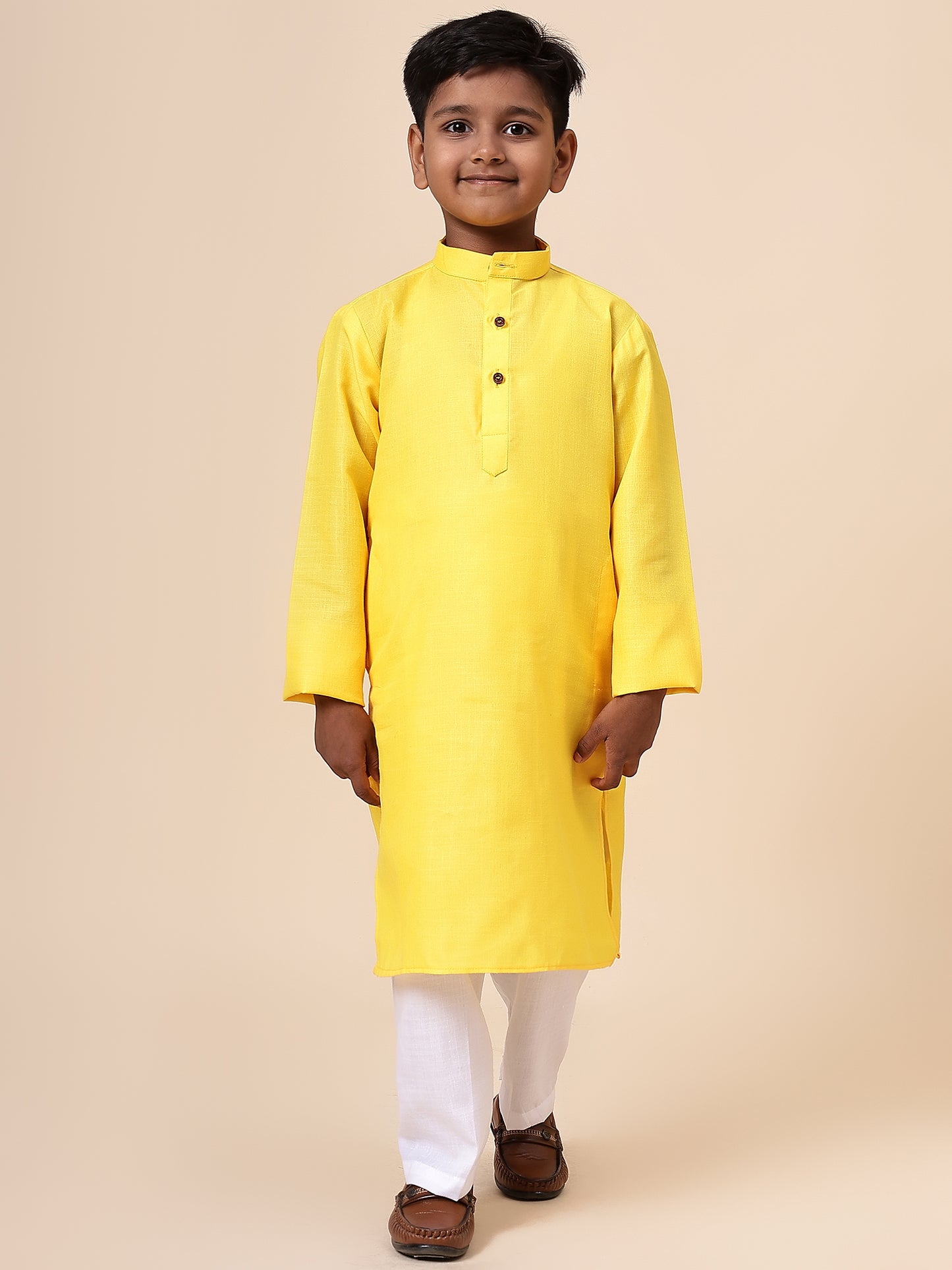 Karnam Junior - Boys Yellow Cotton Kurta Set