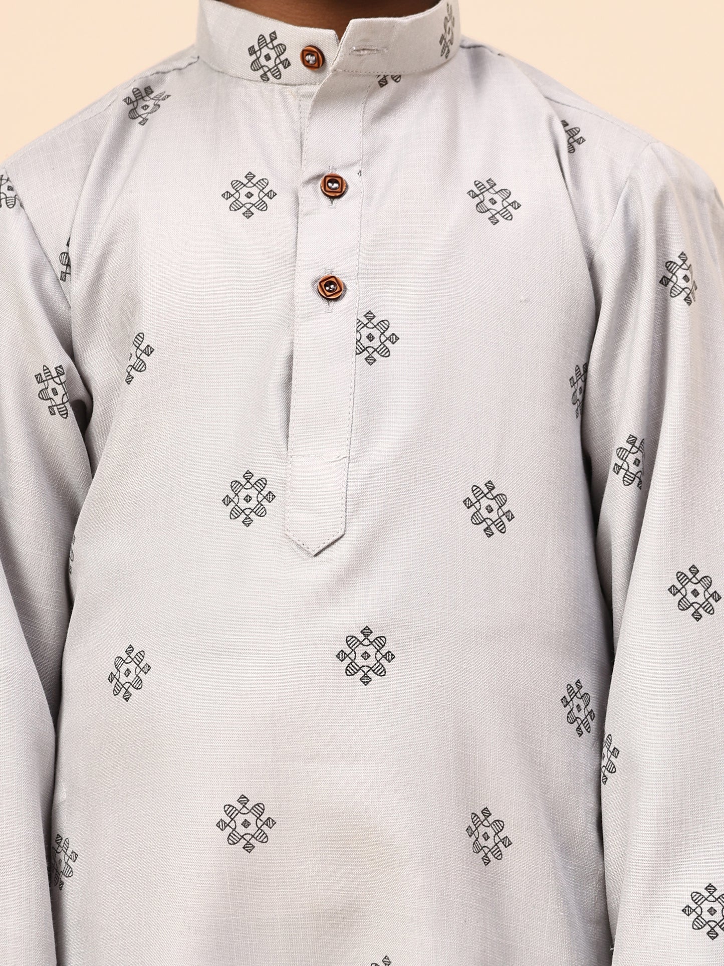 Karnam Junior - Boys Gey Printed Cotton Long Kurta Top