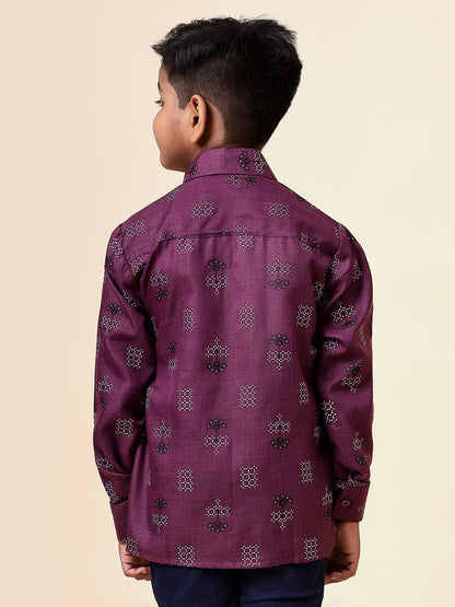 Karnam Junior - Boys Purple Square Printed Cotton Shirt