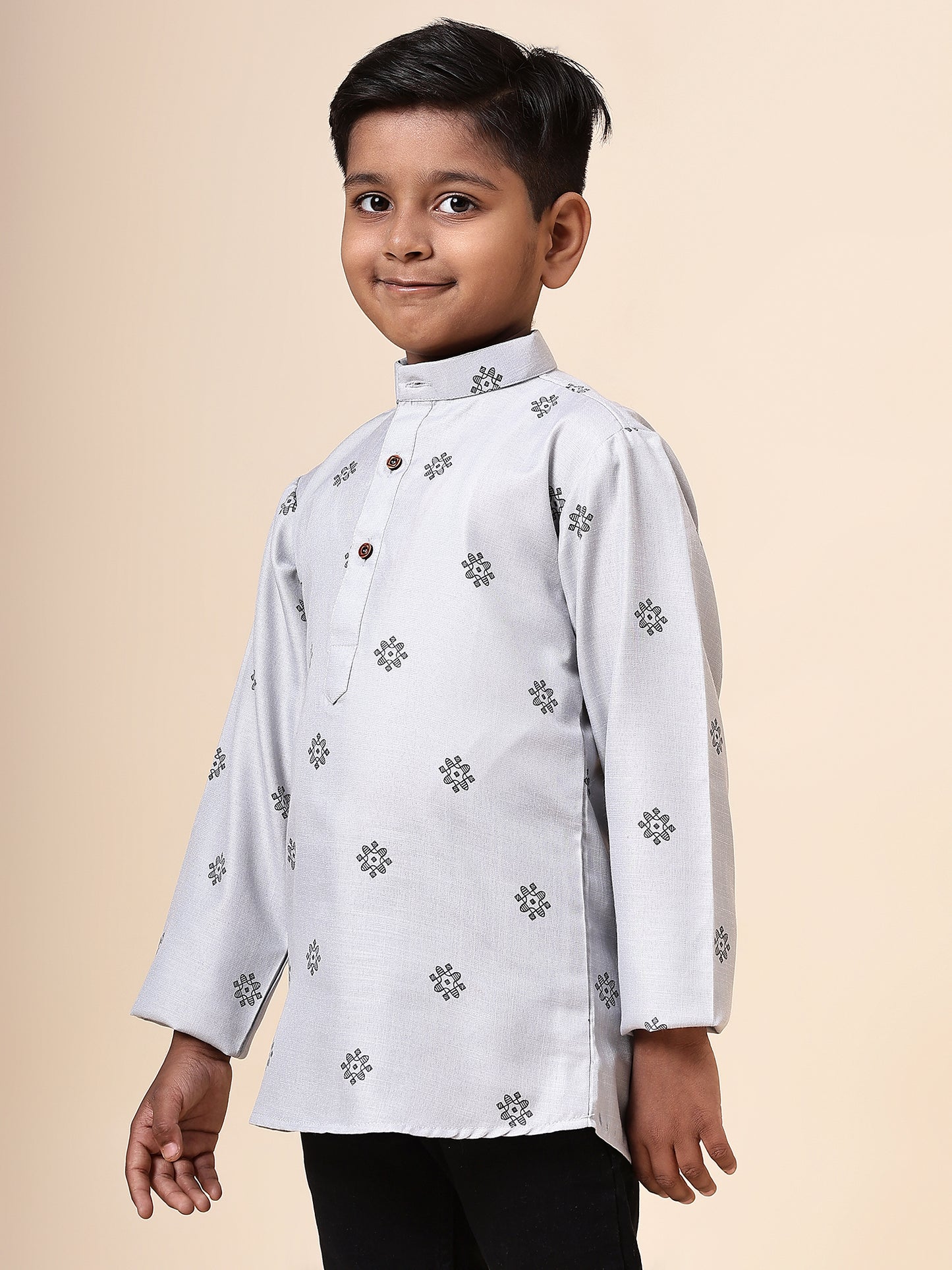 Karnam Junior - Boys Grey Printed Cotton Short Kurta