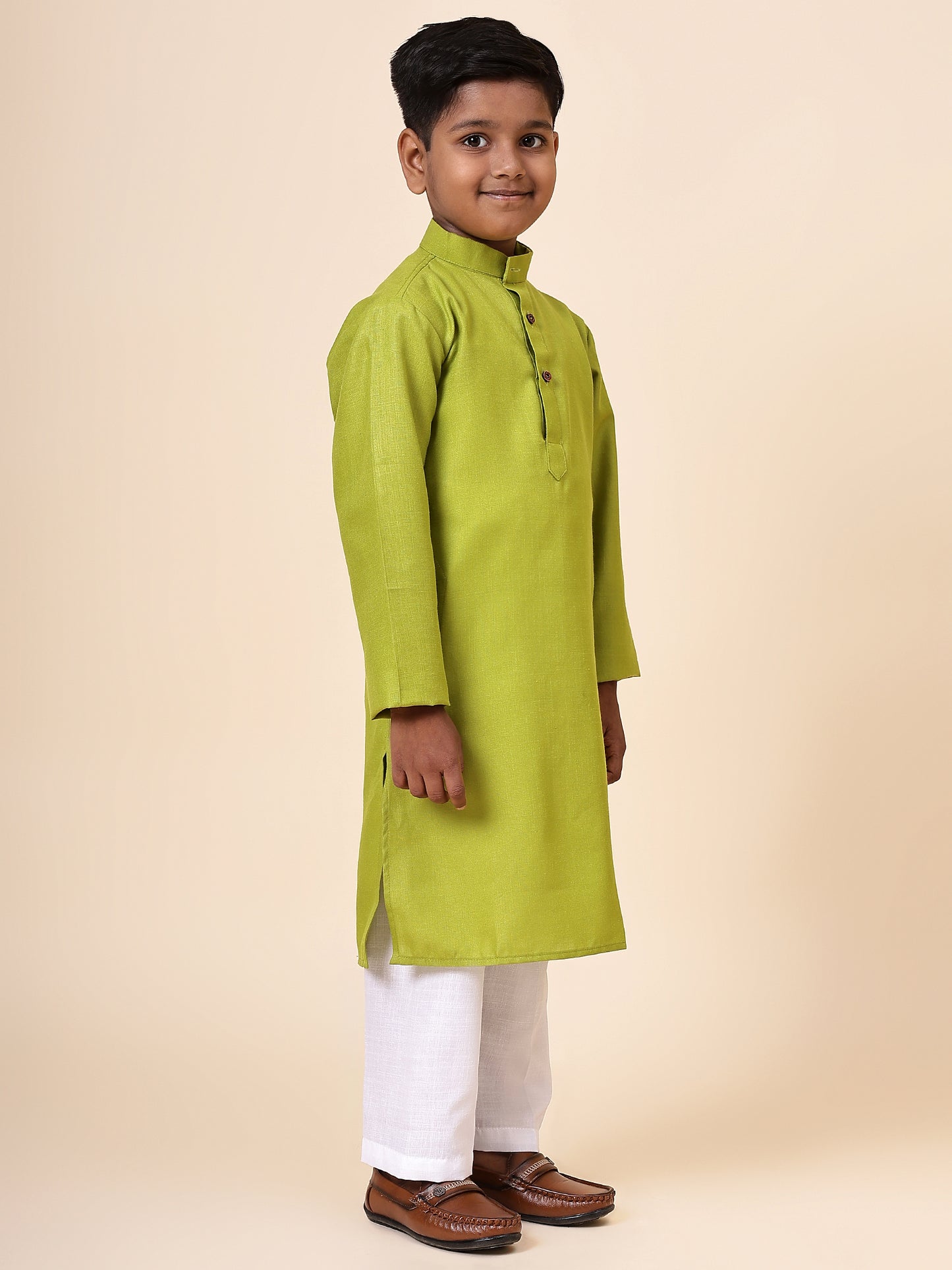 Karnam Junior - Boys Olive Green Cotton Kurta Set