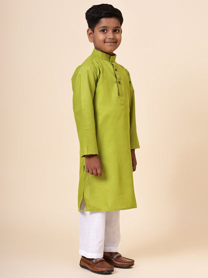 Karnam Junior - Boys Olive Green Cotton Kurta Set